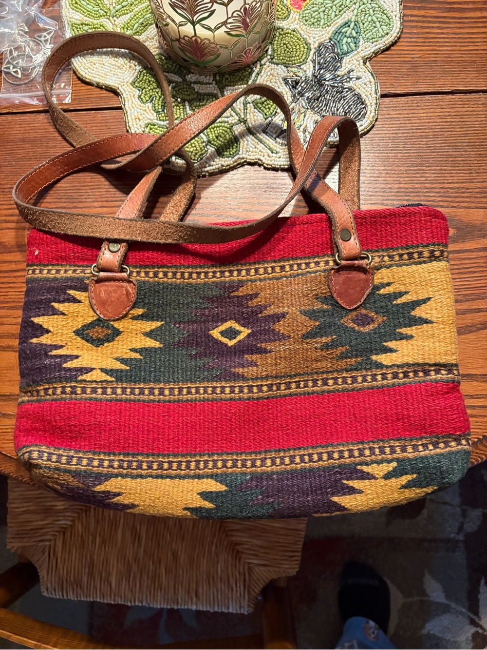 Handwoven Southwestern Tote Bag in Red, Mustard & Forest Green